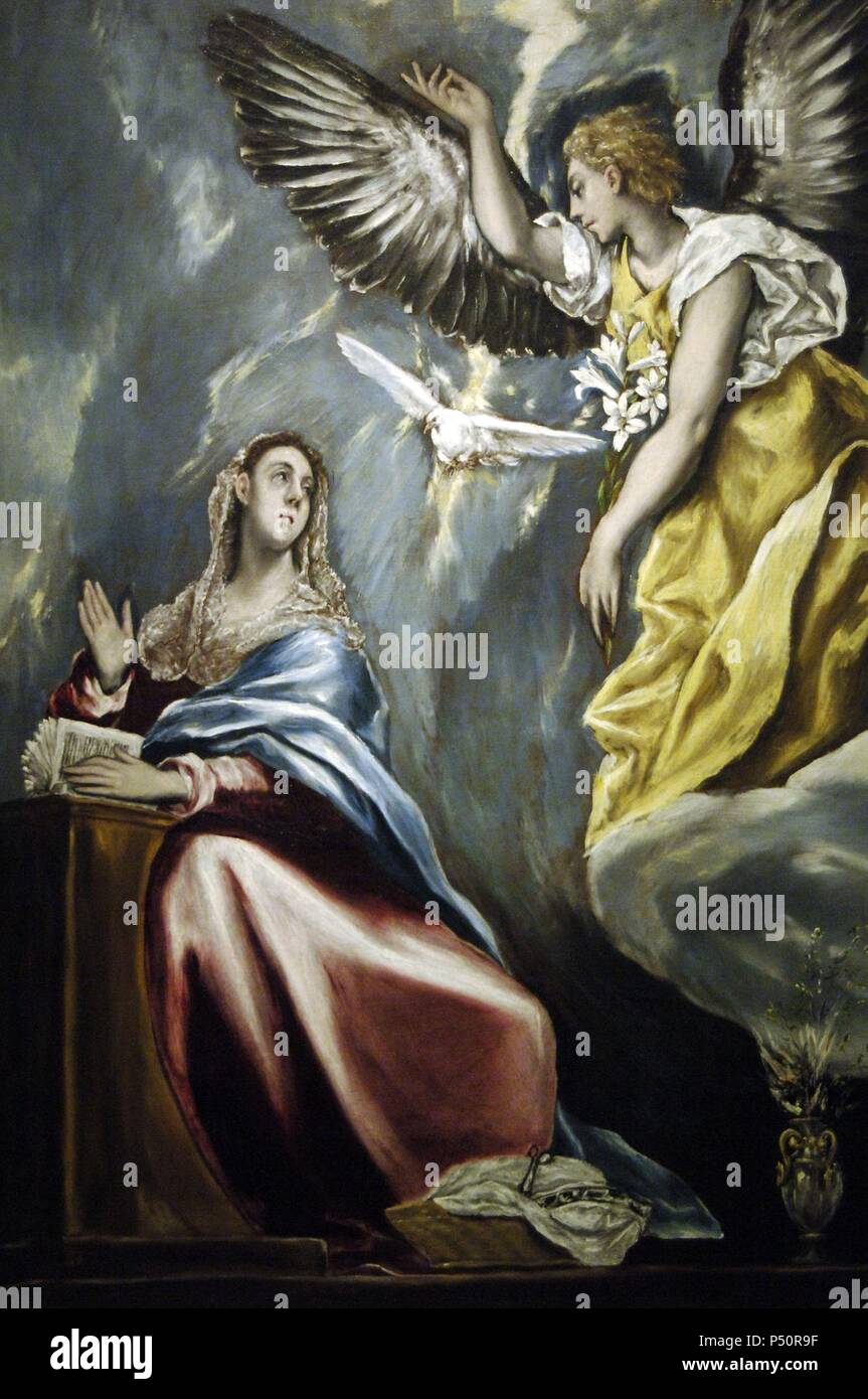 RENAISSANCE ART. SPAIN. GRECO, DomE`nikos TheotokU^pulos, called El (Candia ,1541-Toledo, 1614). Cretan painter, representative of the last phase of Mannerism. The Annunciation, 1600. Museum of Fine Arts. Budapest. Hungary. Stock Photo